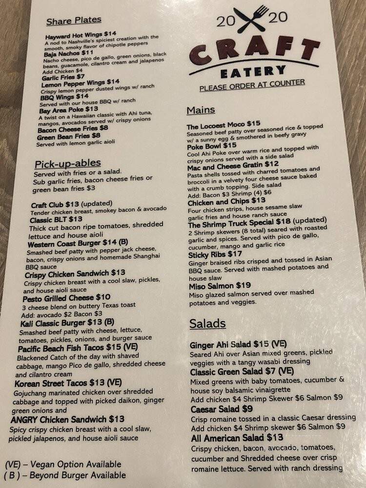 Craft Eatery - Hayward, CA menu_pic