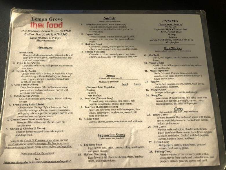 Lemon Grove Thai Food - Lemon Grove, CA menu_pic