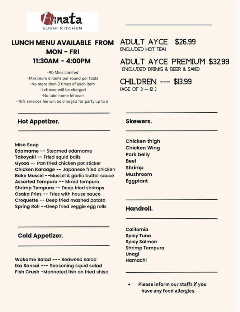 Hinata Sushi Buffet - Hayward, CA menu_pic