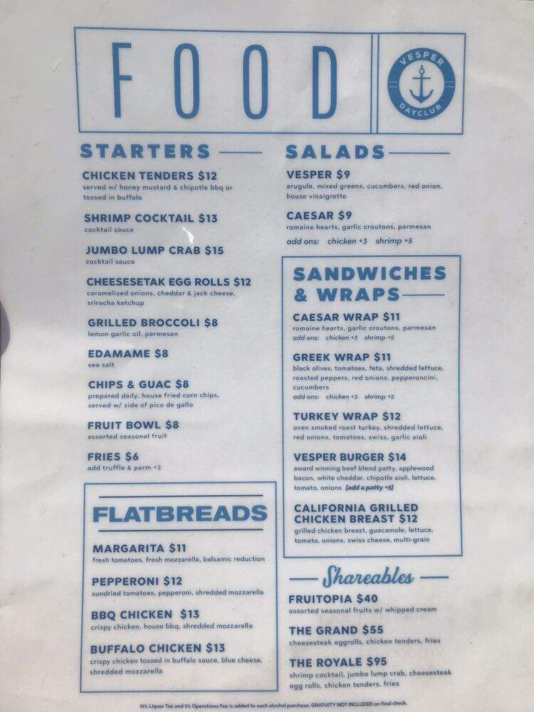 Vesper Dayclub - Philadelphia, PA menu_pic