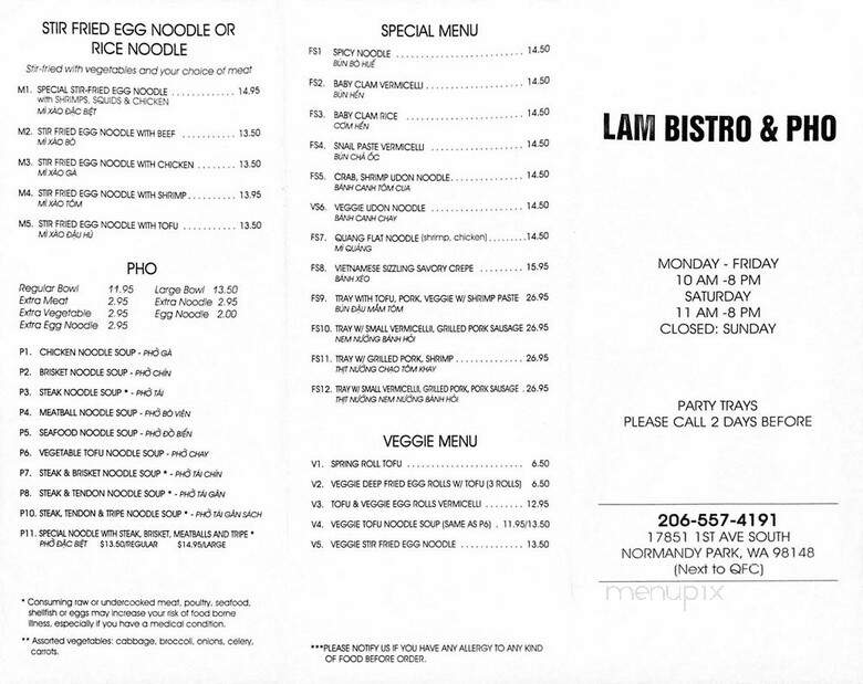 Lam Bistro & Pho - Normandy Park, WA menu_pic