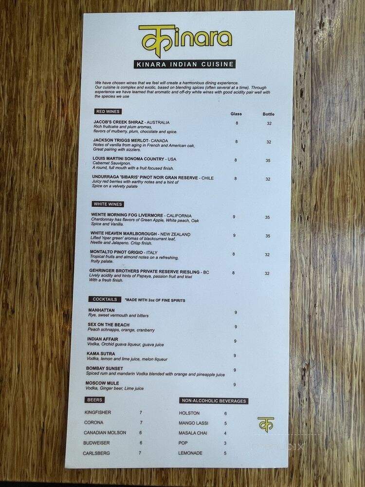 Kinara Indian Cuisine - Vancouver, BC menu_pic