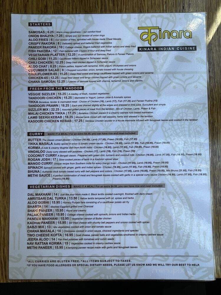 Kinara Indian Cuisine - Vancouver, BC menu_pic