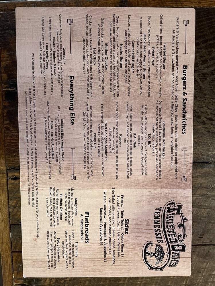 Twisted Oaks Saloon - Dowelltown, TN menu_pic