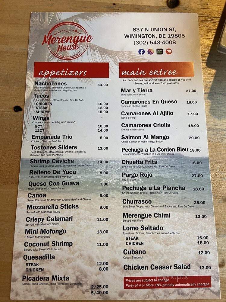 Merengue House - Wilmington, DE menu_pic