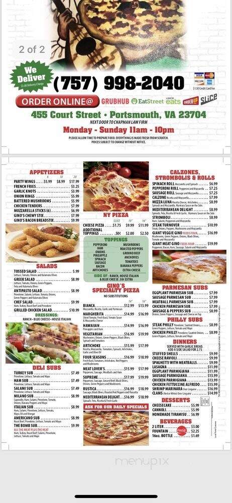 Gino's Pizzeria - Portsmouth, VA menu_pic