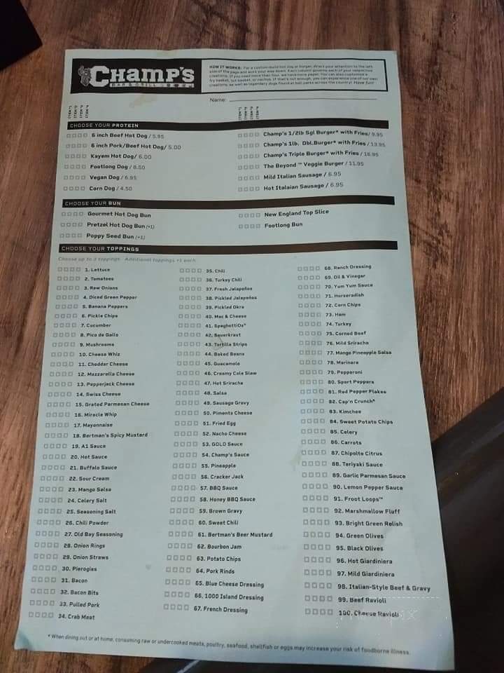 Champs Bar & Grill - Myrtle Beach, SC menu_pic