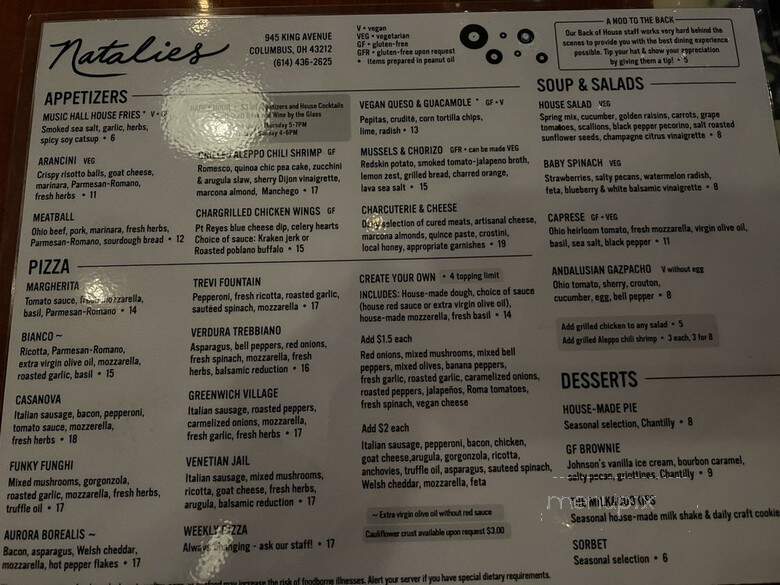 Natalie's Music Hall & Kitchen - Columbus, OH menu_pic