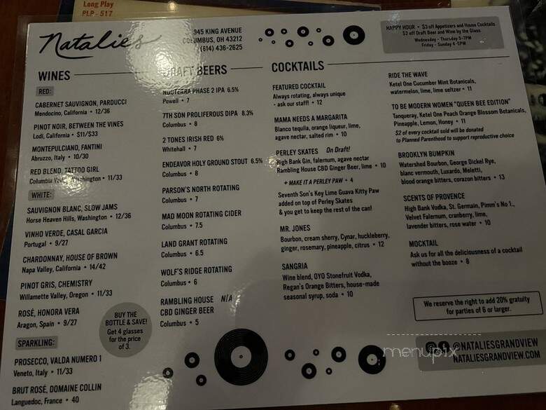 Natalie's Music Hall & Kitchen - Columbus, OH menu_pic