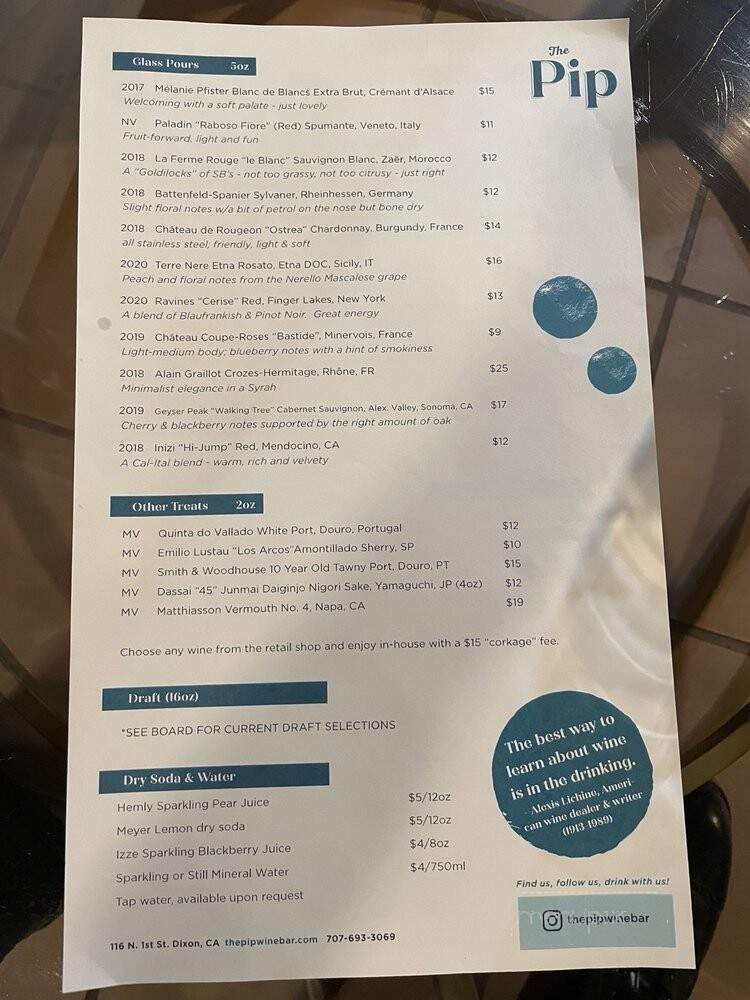 The Pip Wine Bar & Shop - Dixon, CA menu_pic