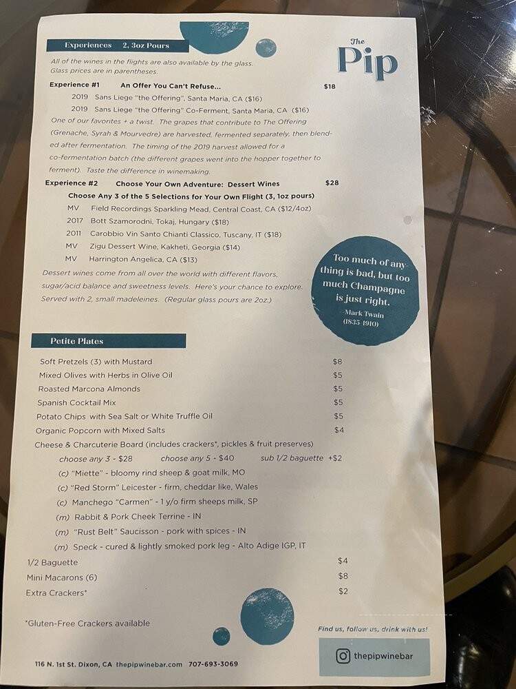 The Pip Wine Bar & Shop - Dixon, CA menu_pic