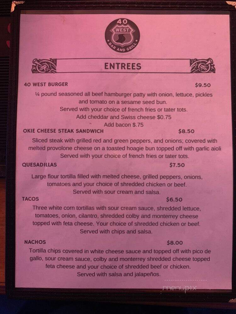 40 West Bar & Grill - Yukon, OK menu_pic