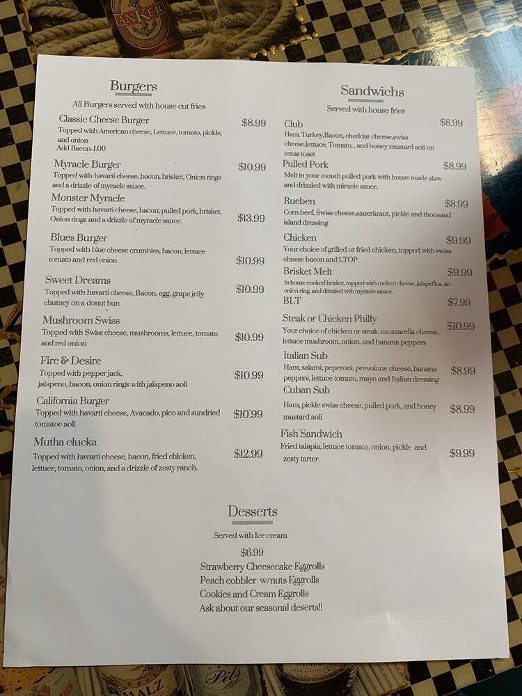 Myracles Bar and Grill - Dayton, OH menu_pic