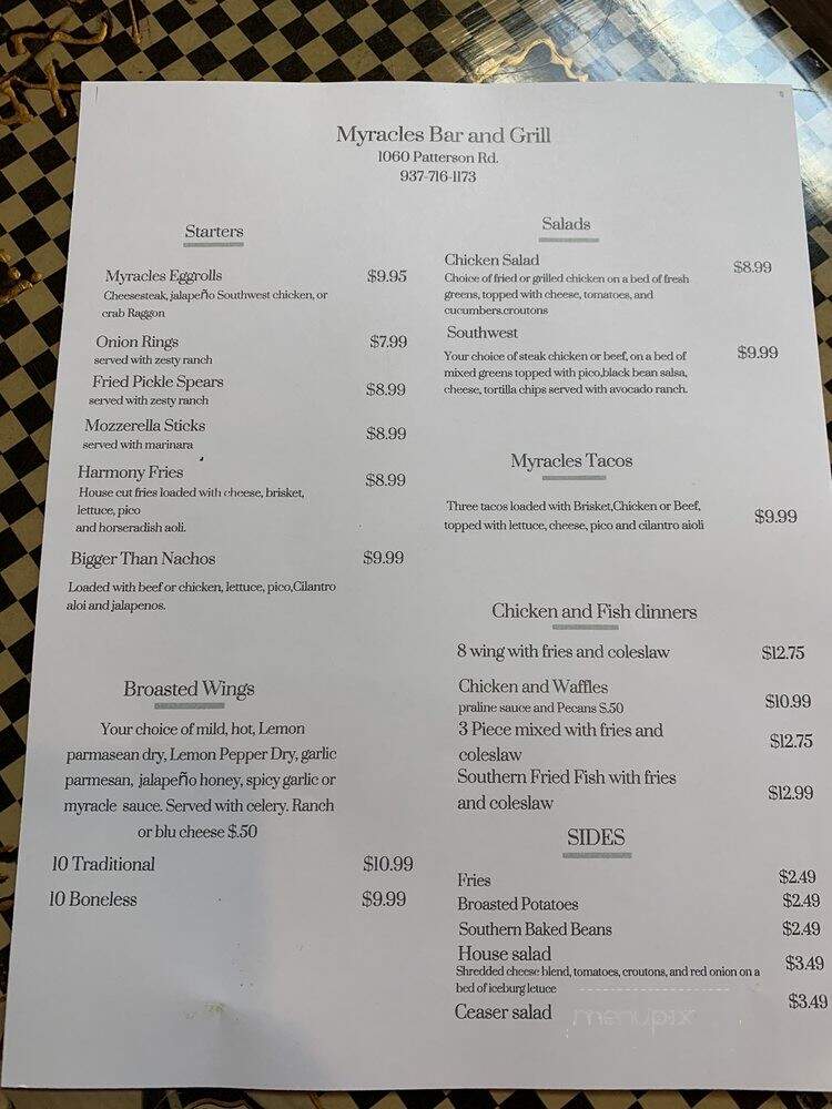Myracles Bar and Grill - Dayton, OH menu_pic