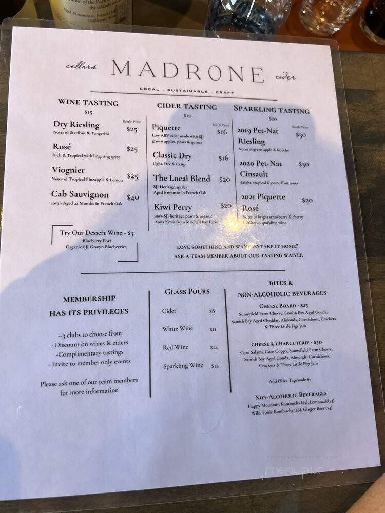 Madrone Cellars and Cider - Friday Harbor, WA menu_pic