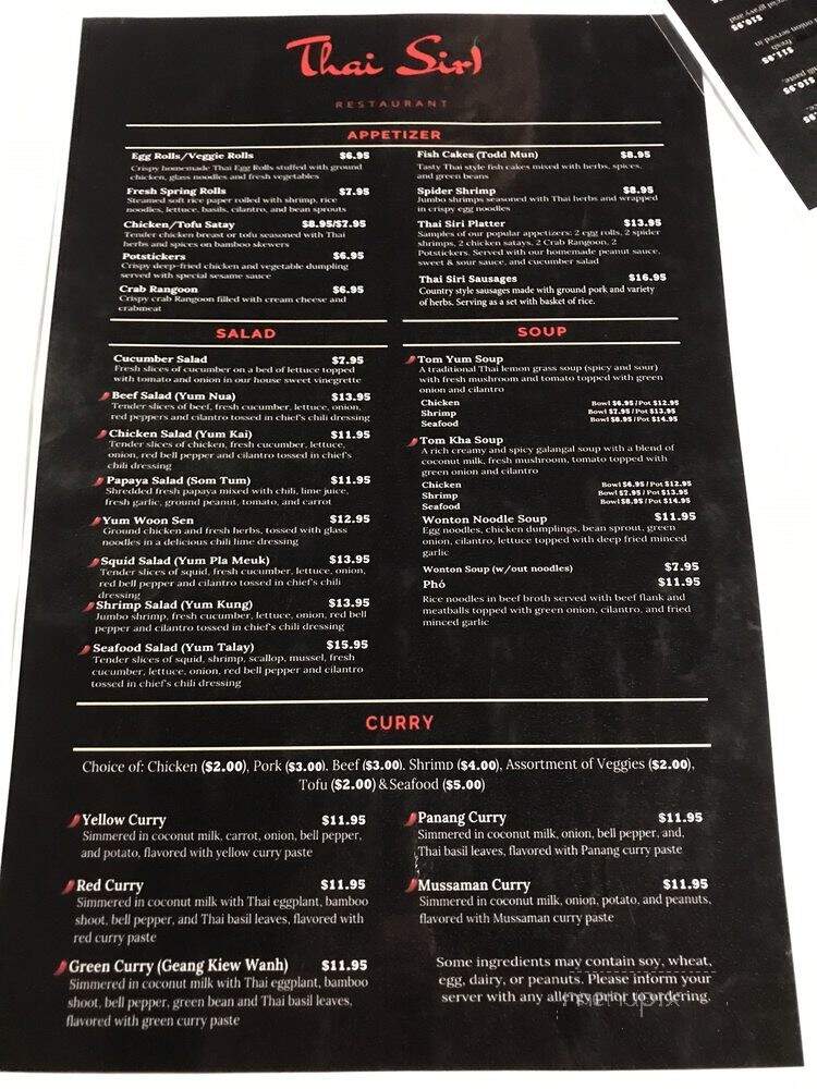 Thai Siri Restaurant - Streamwood, IL menu_pic