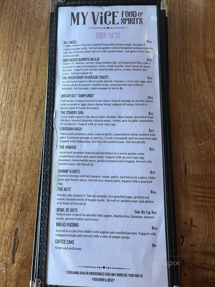 My Vice Food & Spirits - Portland, OR menu_pic