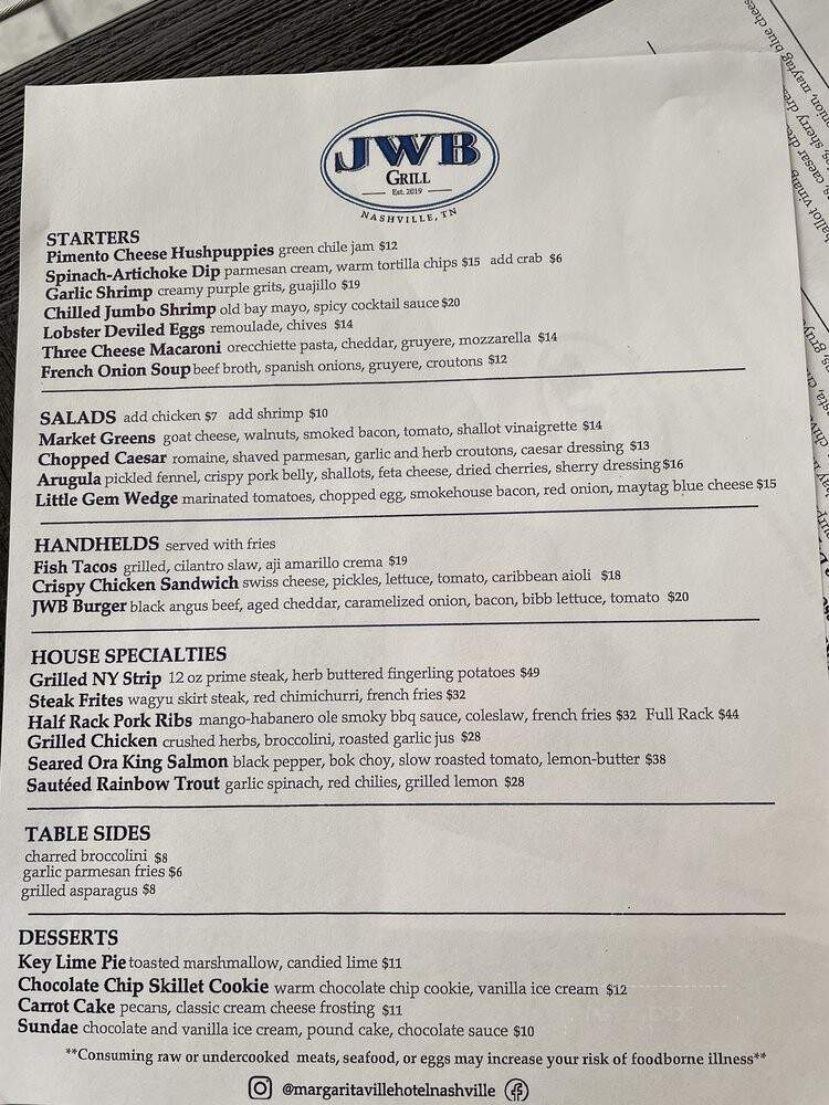 JWB Grill - Nashville, TN menu_pic