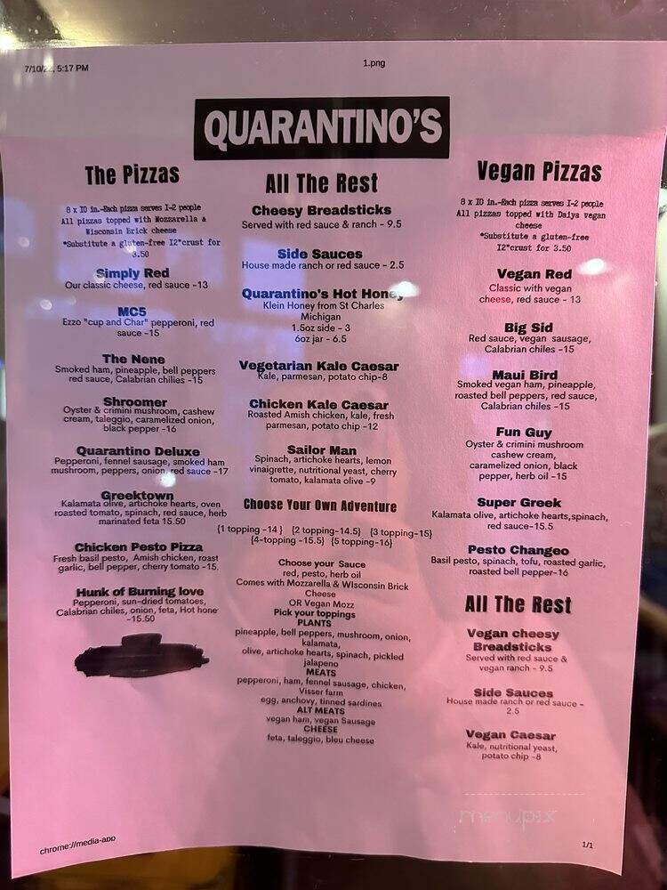 Quarantino's - East Grand Rapids, MI menu_pic