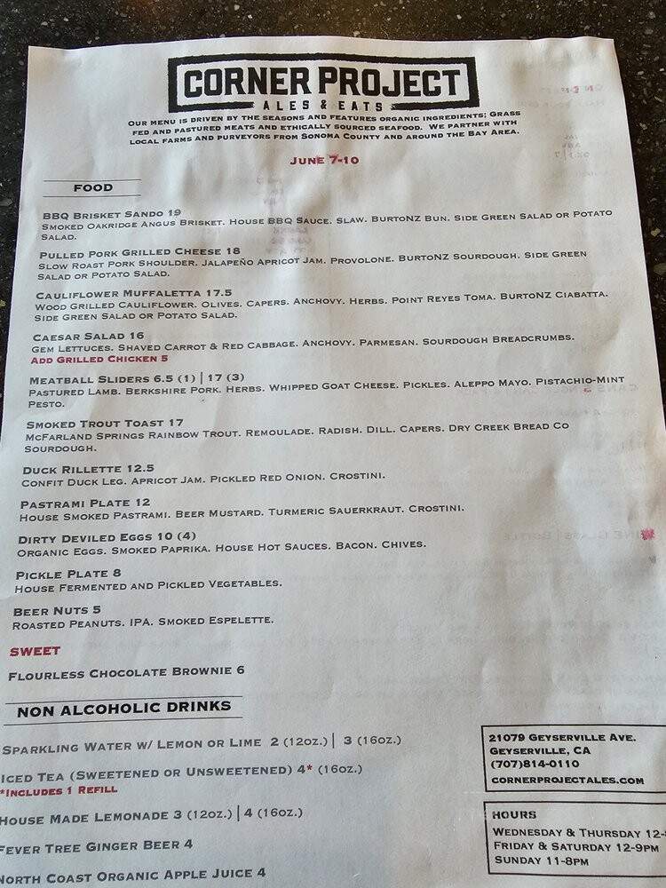 Corner Project Ales & Eats - Geyserville, CA menu_pic