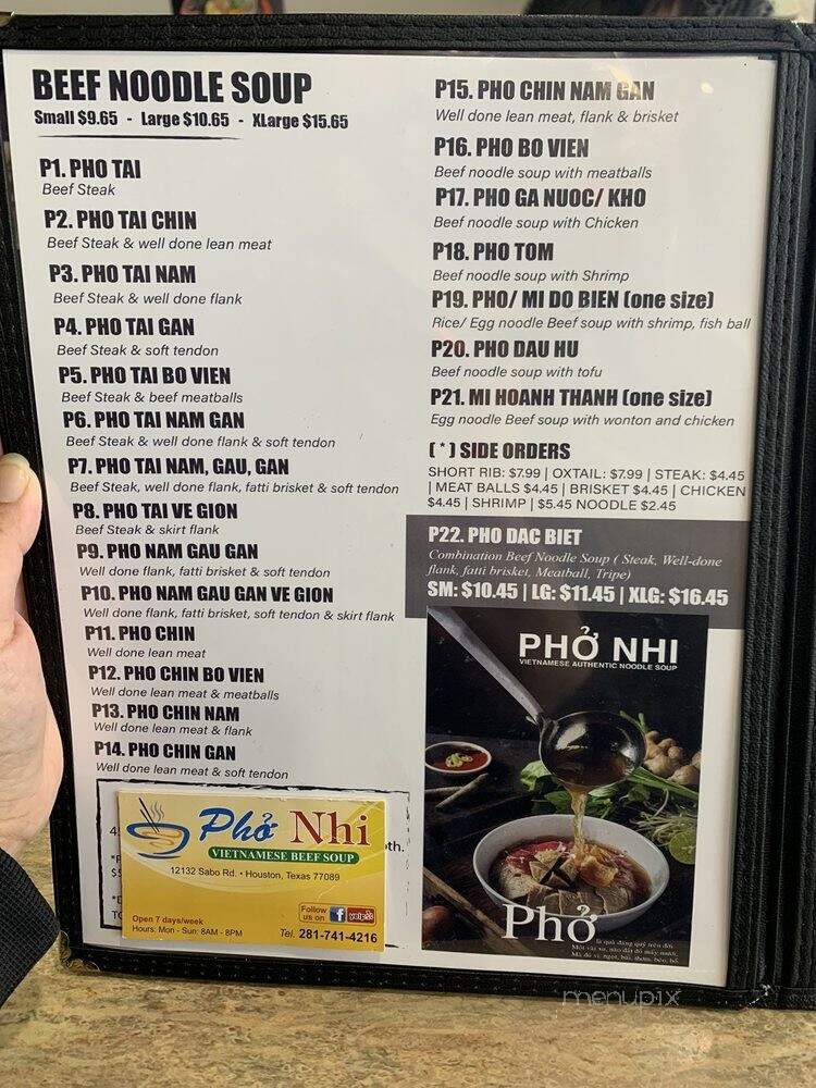 Pho Nhi - Houston, TX menu_pic