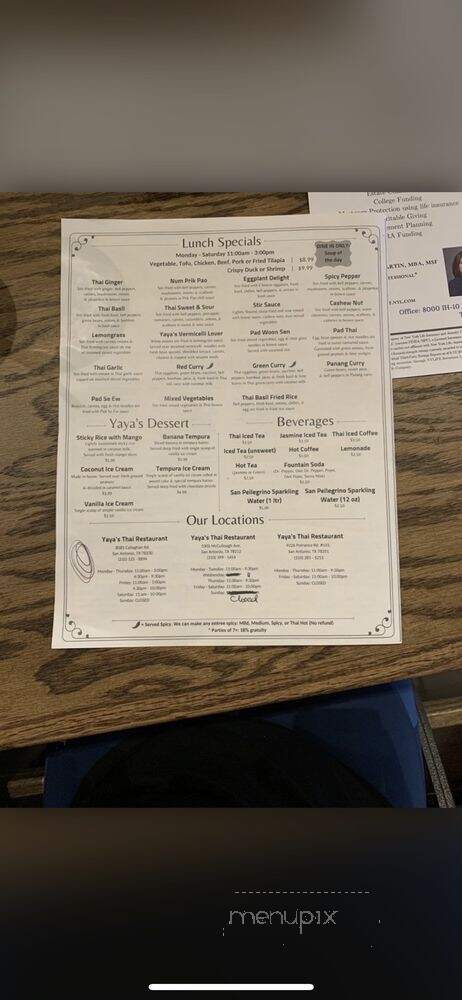 Yaya's Thai Fusion - San Antonio, TX menu_pic