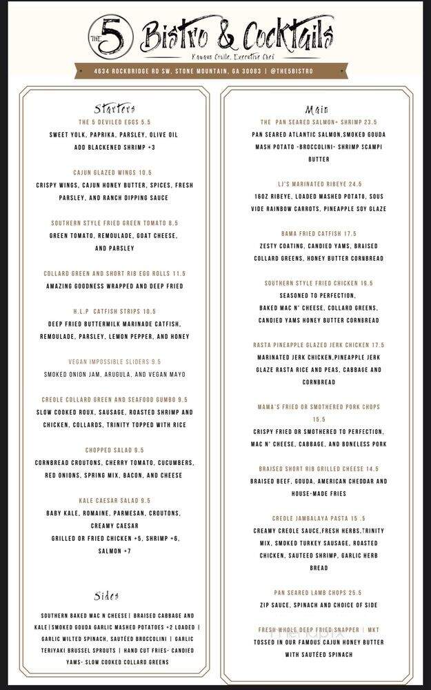 The 5 Bistro and Cocktails - Stone Mountain, GA menu_pic