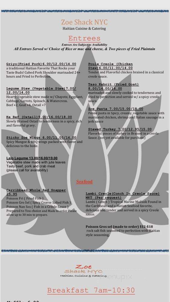 Zoe Shack - Jamaica, NY menu_pic