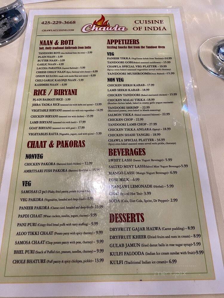 Chawla Cuisine of India - Bellevue, WA menu_pic