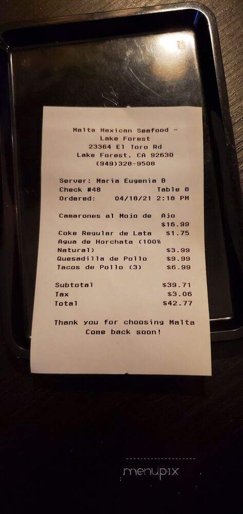 Malta Mexican Seafood 2 - Lake Forest, CA menu_pic