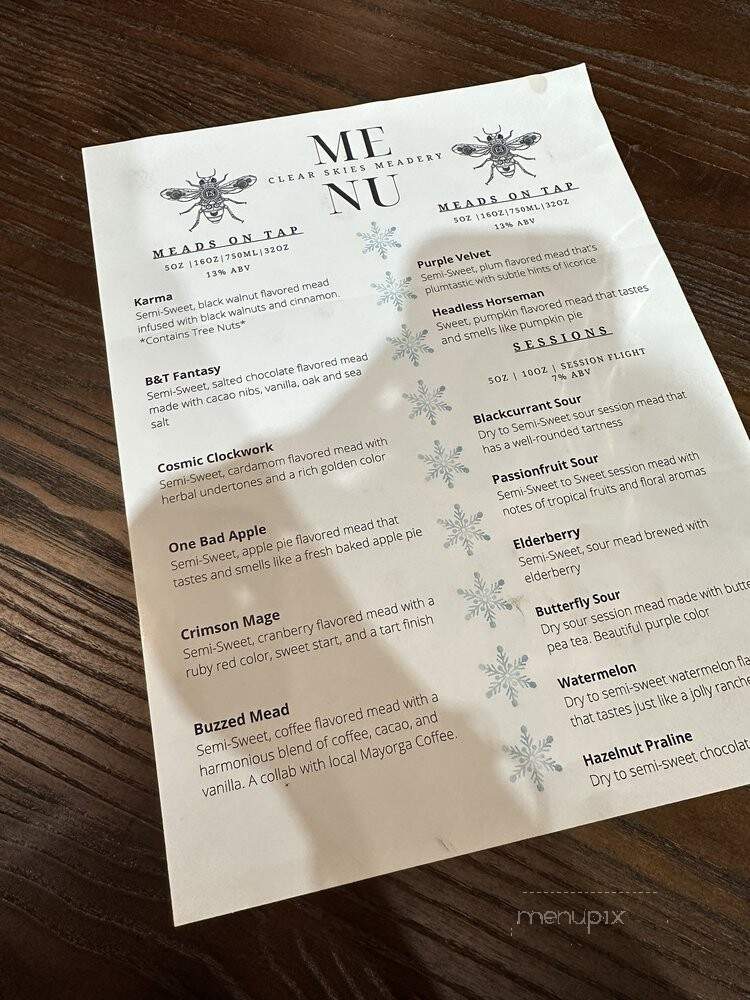 Clear Skies Meadery - Gaithersburg, MD menu_pic