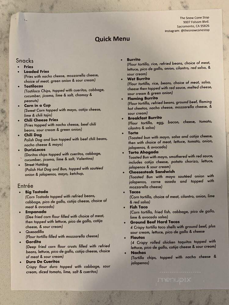 The Snow Cone Stop - Sacramento, CA menu_pic