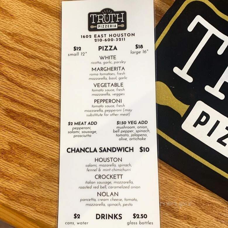 Truth Pizzeria - San Antonio, TX menu_pic