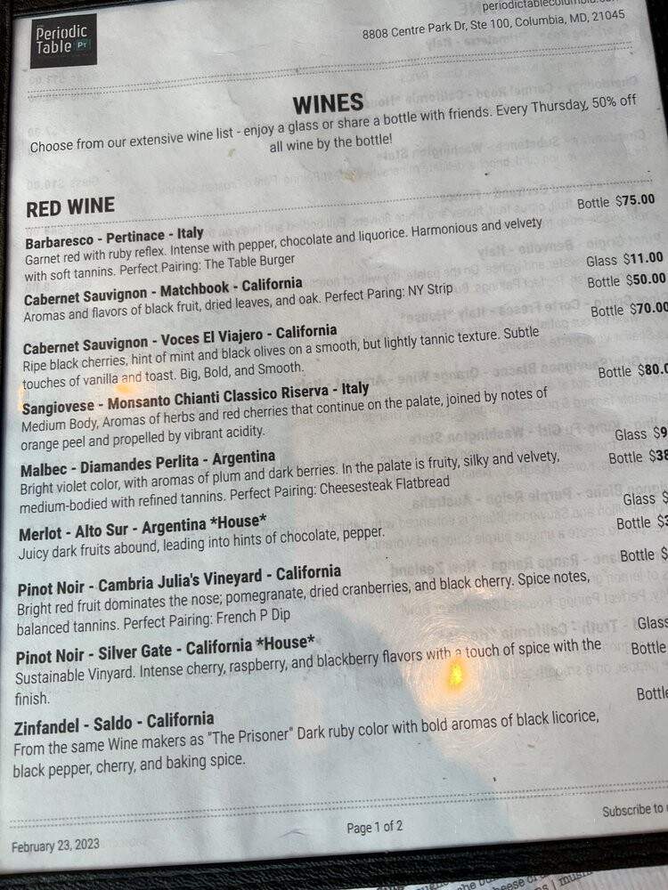 The Periodic Table Restaurant & Bar - Columbia, MD menu_pic