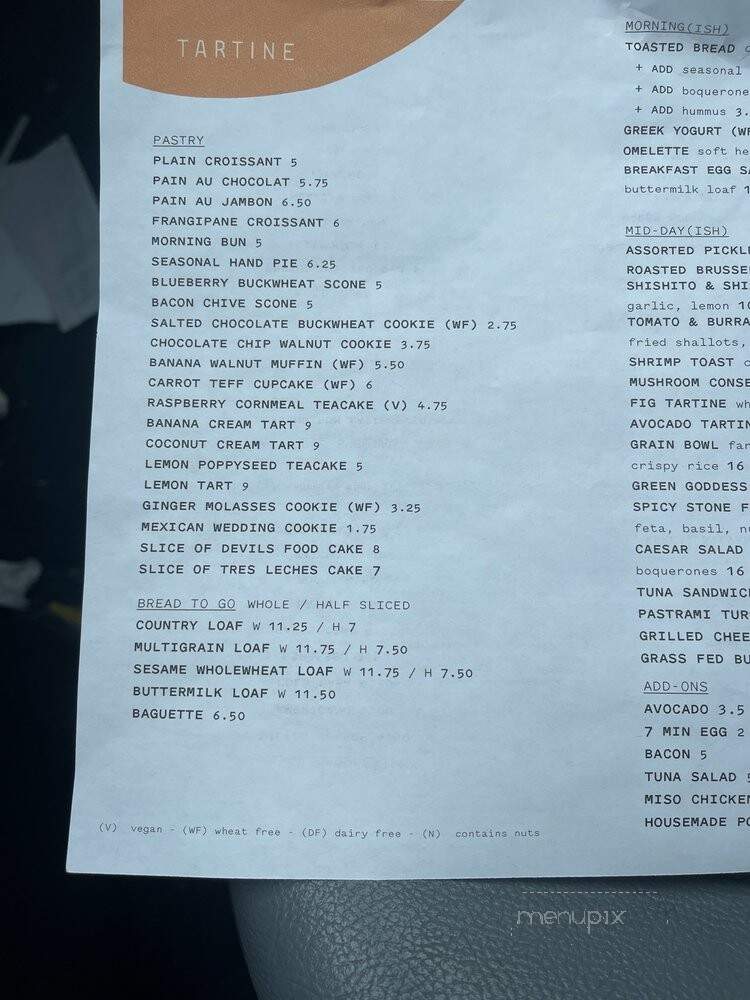 Tartine Silverlake - Los Angeles, CA menu_pic