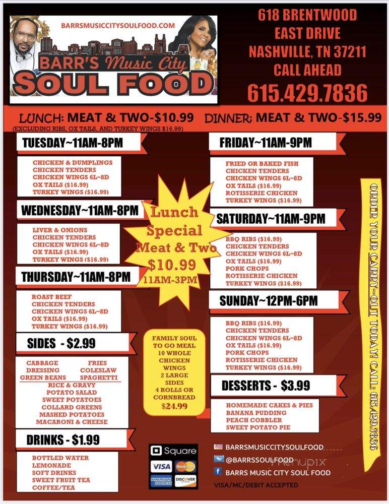 Barr's Music City Soul Food - Nashville, TN menu_pic