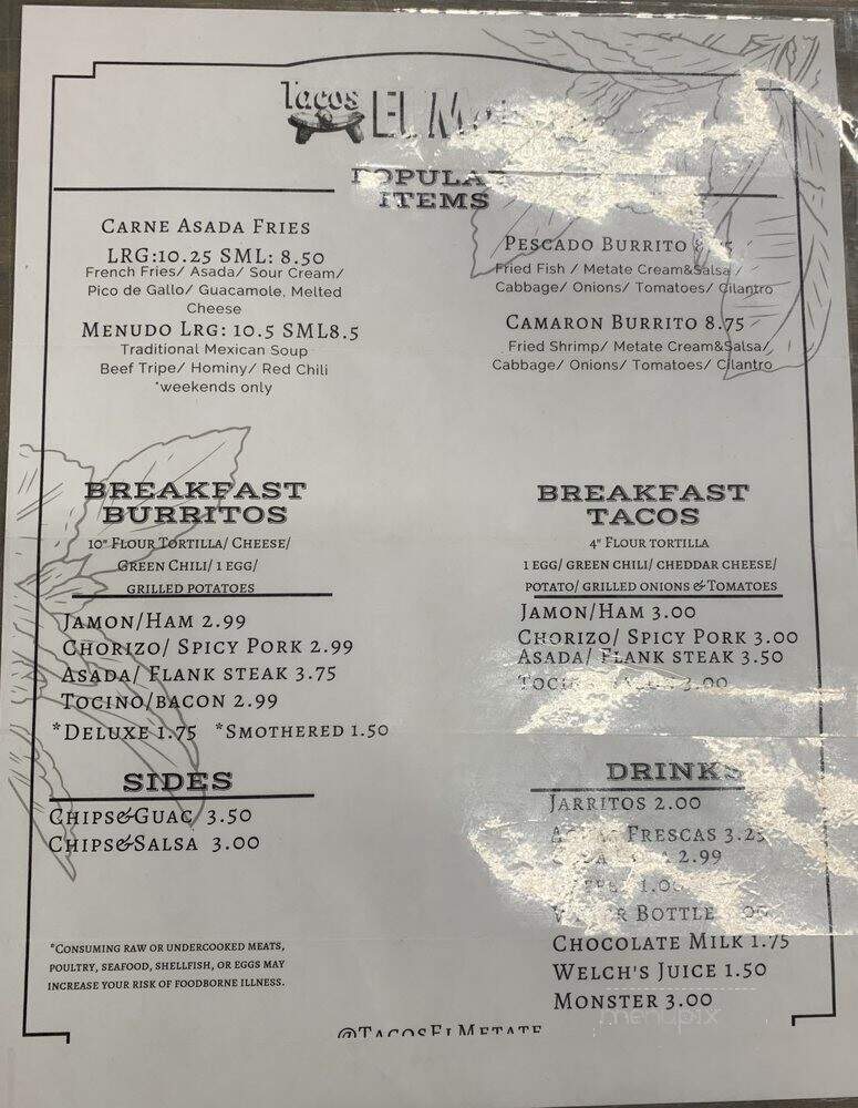 Tacos El Metate - Denver, CO menu_pic