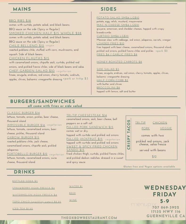 The Oxbow - Guerneville, CA menu_pic