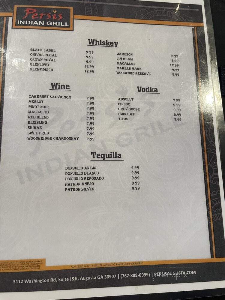 Persis Indian Grill - Augusta, GA menu_pic
