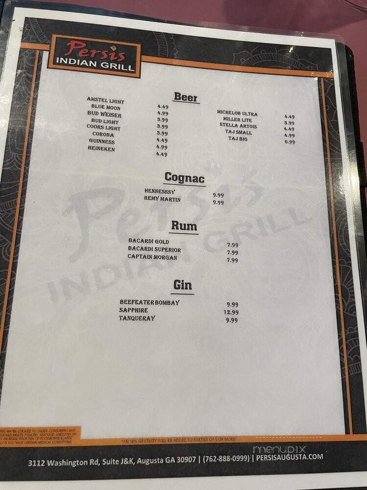 Persis Indian Grill - Augusta, GA menu_pic