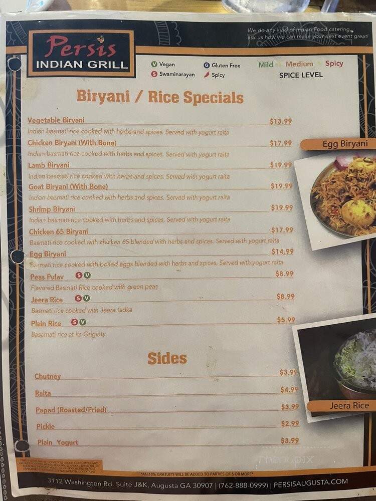 Persis Indian Grill - Augusta, GA menu_pic