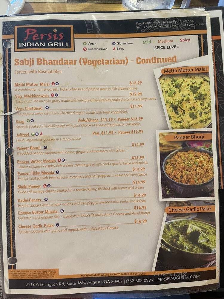 Persis Indian Grill - Augusta, GA menu_pic