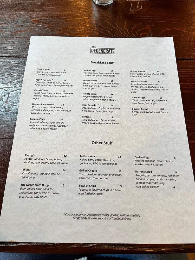 The Degenerate - Charlotte, NC menu_pic