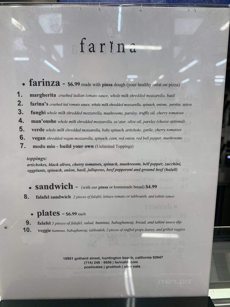 Farina Pizza & Mediterranean Cuisine - Huntington Beach, CA menu_pic