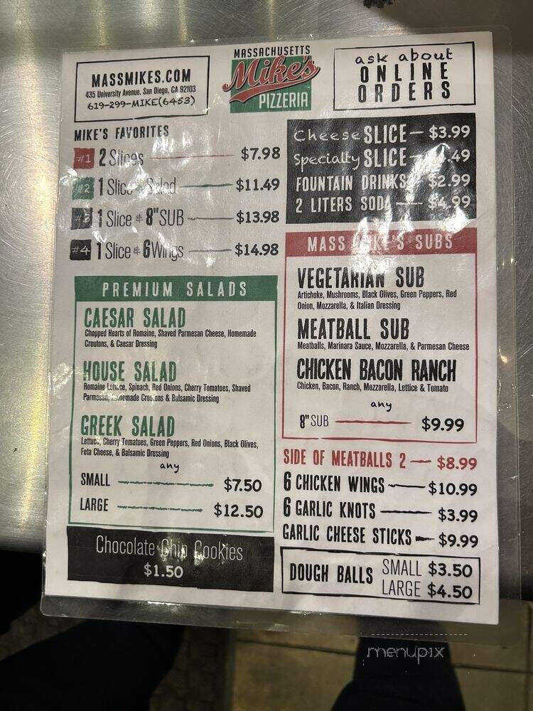 Massachusetts Mike's Pizzeria - San Diego, CA menu_pic