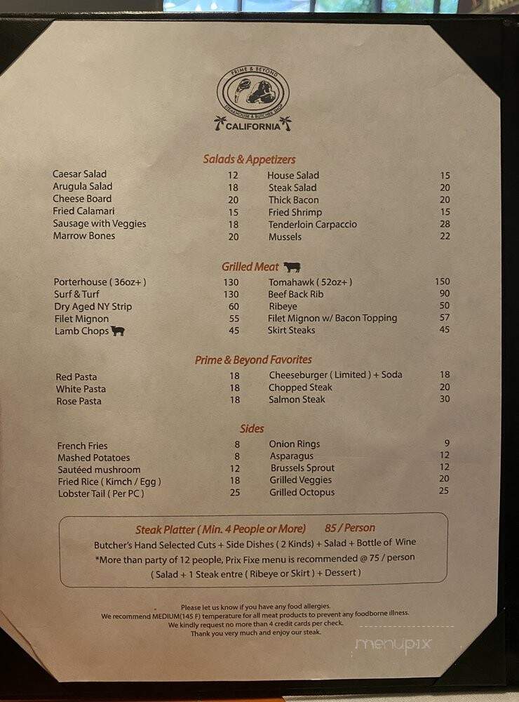 Prime & Beyond California - Buena Park, CA menu_pic
