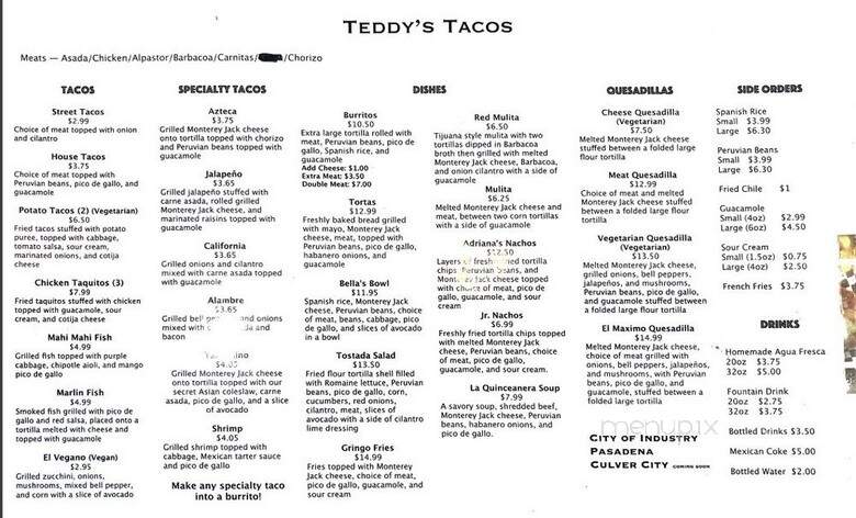 Teddy's Tacos - Pasadena, CA menu_pic