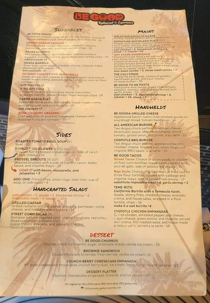 Be Good Restaurant & Experience - Temecula, CA menu_pic