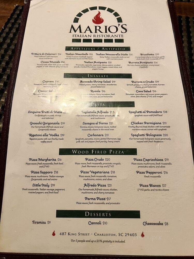 Mario's Italian Ristorante - Charleston, SC menu_pic