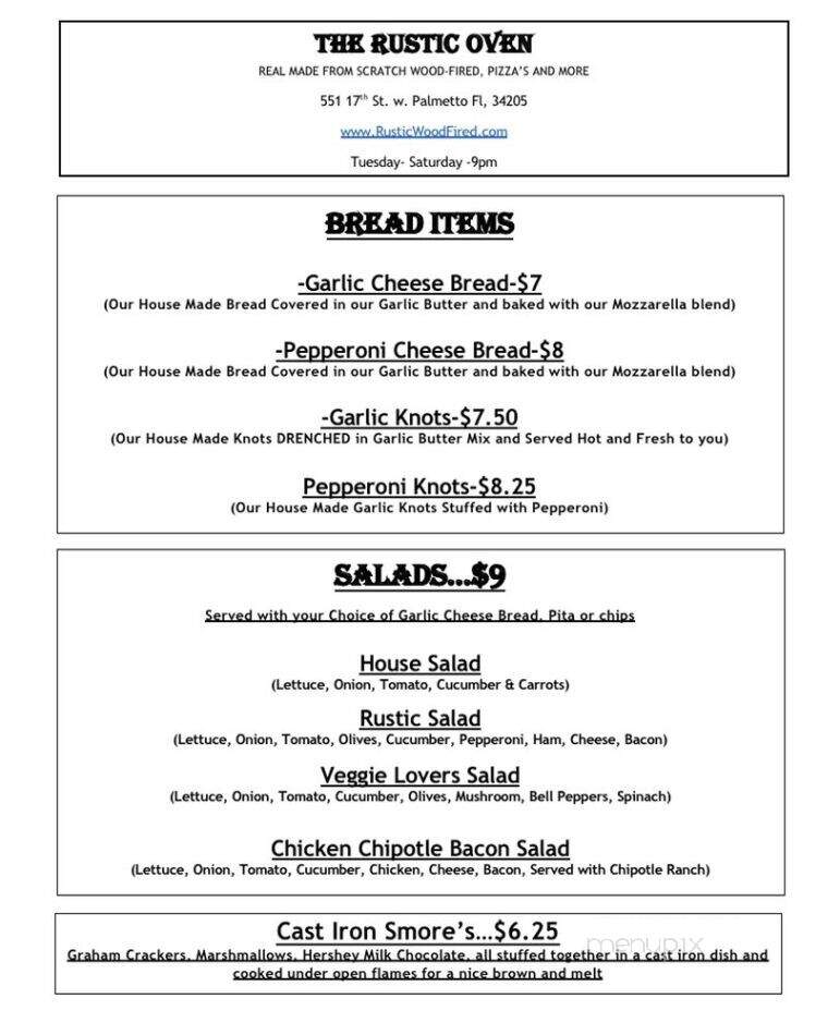 The Rustic Oven - Palmetto, FL menu_pic